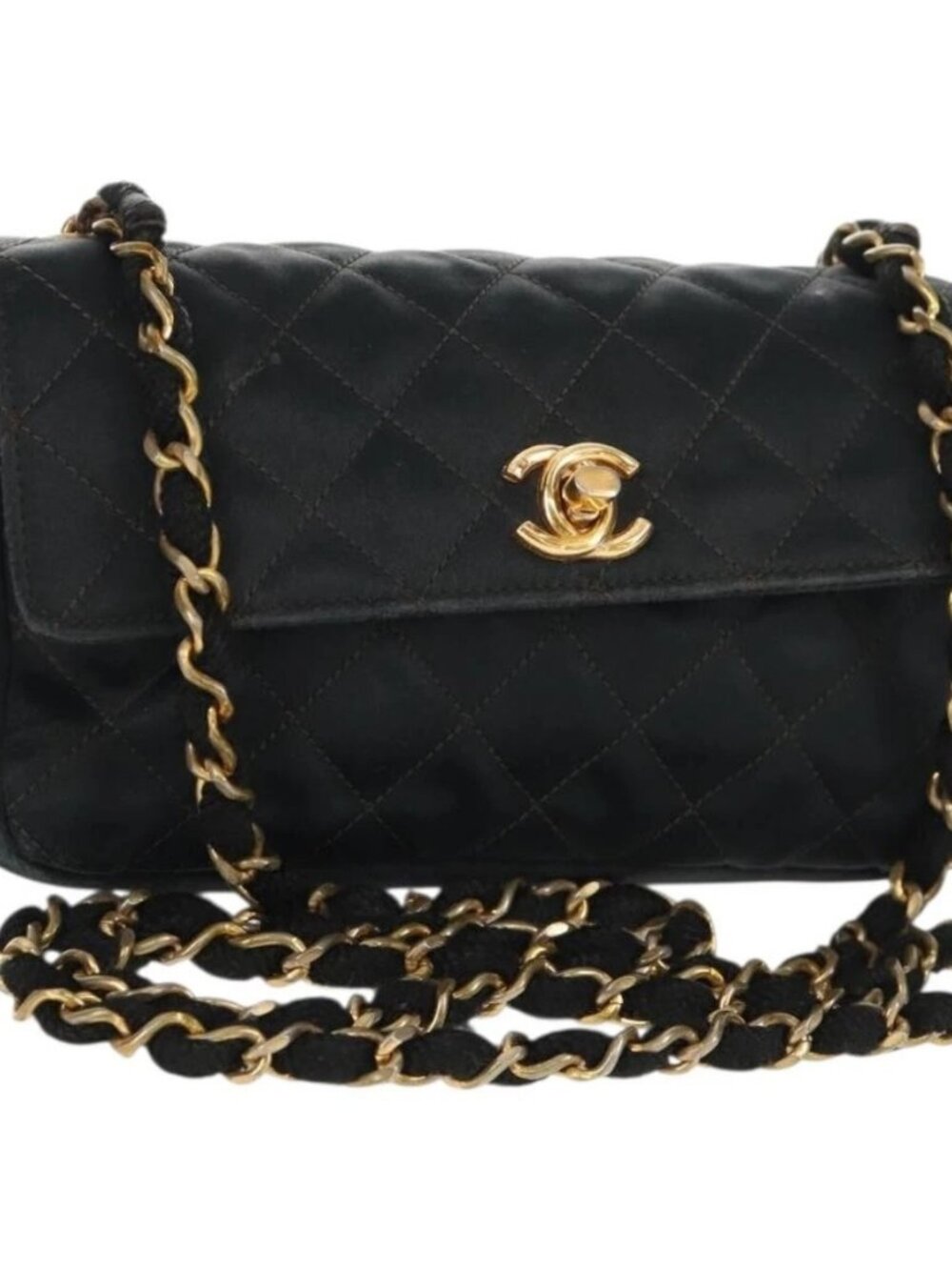 CHANEL Mini Matelasse 18 Chain Shoulder Bag Satin Black Gold CC Auth 159010V